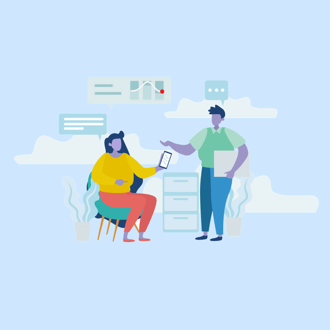 Illustration of two people discussing with charts.