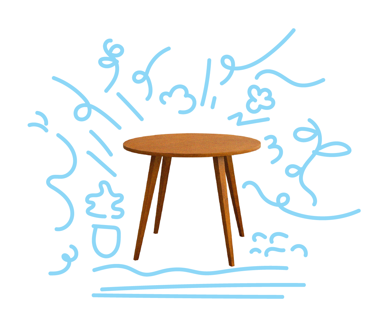 Modern wooden table with artistic blue doodles.